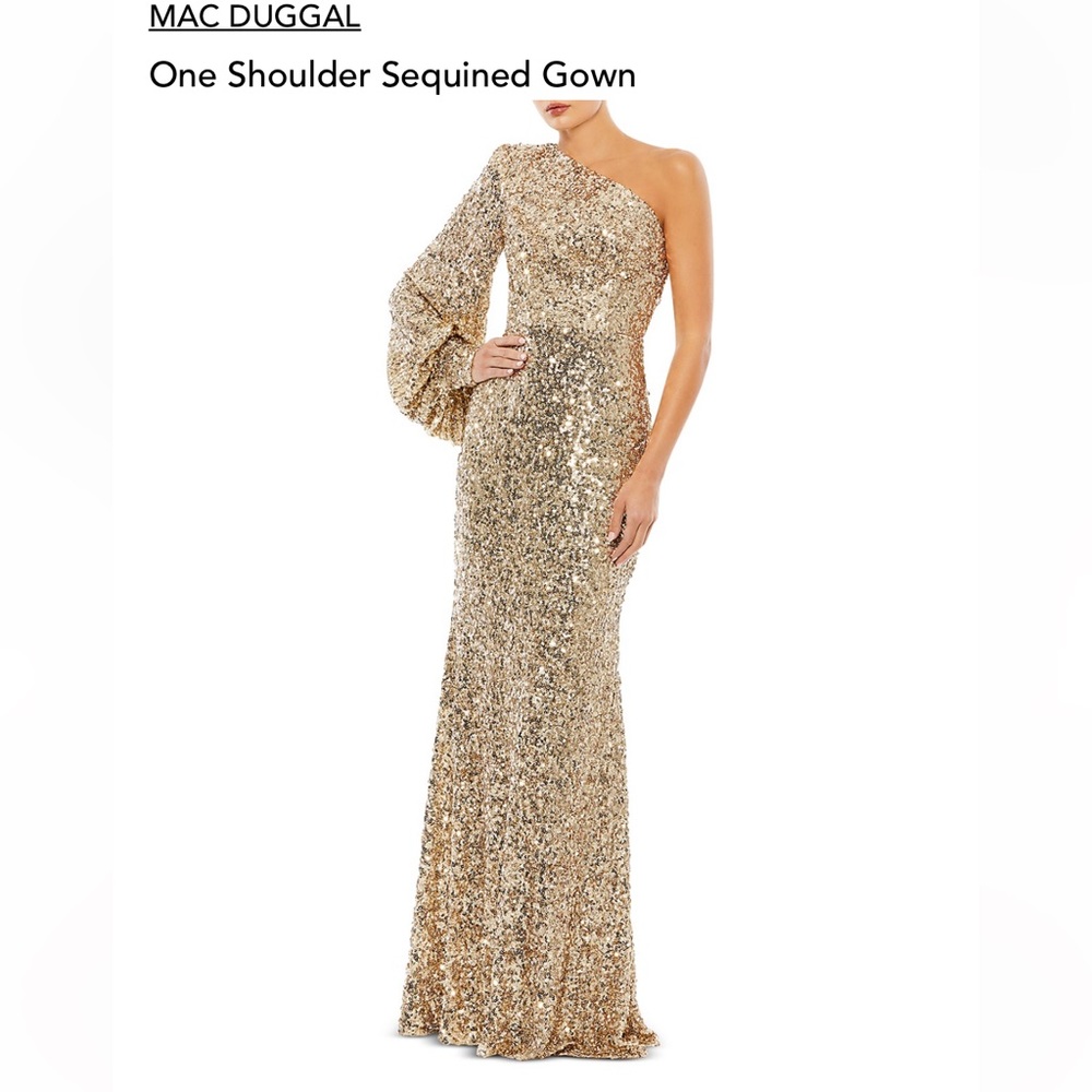 Mac Duggal Gold One-Shoulder Sequined Gown